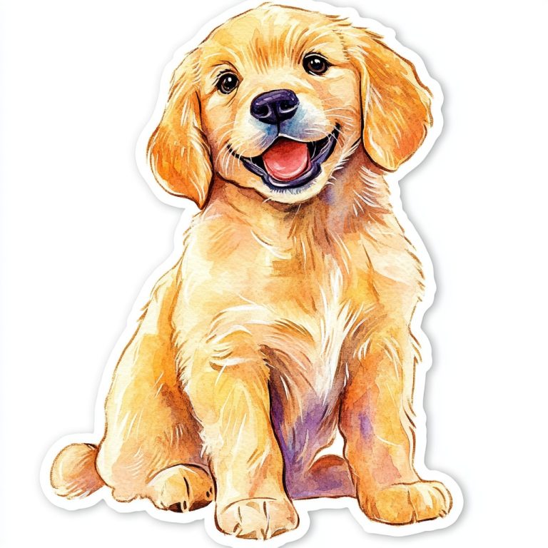 Whimsical Watercolor Sticker of a Joyful Golden Retriever Puppy with Lush Fur