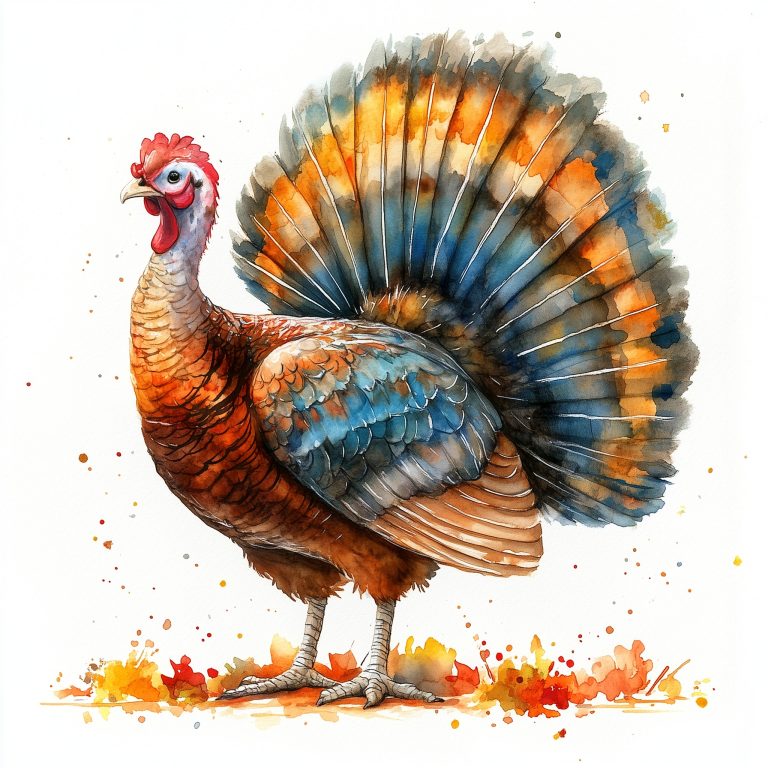 Whimsical Watercolor Thanksgiving Turkey Against a Crisp White Canvas