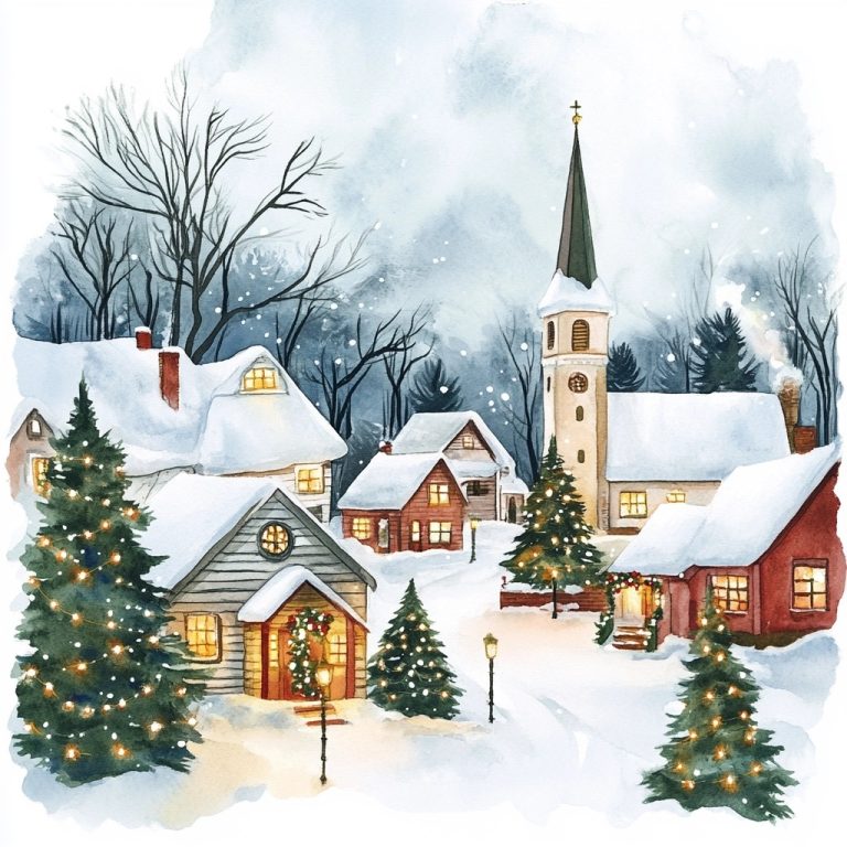 Winter Village Watercolor Illustration